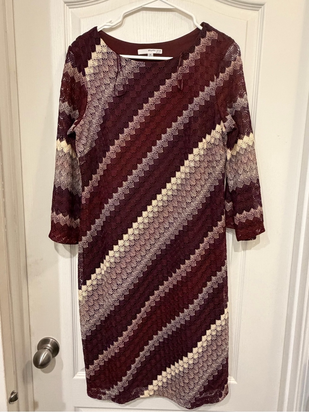 Studio One Burgundy Chevron Lace Midi Dress with Cream & Gray Stripes
